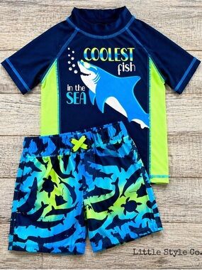 Mick Mack Boys Swim Set 2T Shark Rash Guard + Swim Trunks Beach Summer Outfit